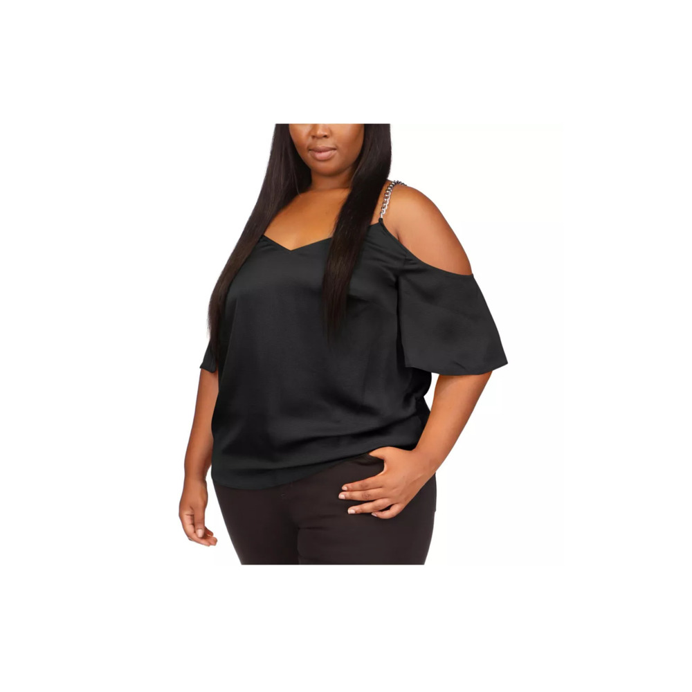 Michael Kors Cold-Shoulder Chain Strap Top Black Plus Size 1X